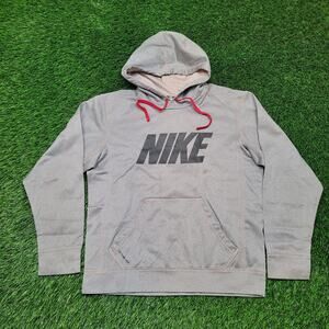Nike Therma-FIT Hoodie Mens Large (Tagged S) Grey Spell Out Sweatshirt Y2K Style